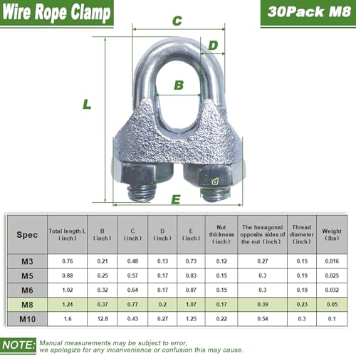 30PCS 5/16" M8 Zinc-Plated Wire Rope Clamps – Heavy Duty U-Bolt Cable Clips (Silver) - size: M8-30PCS