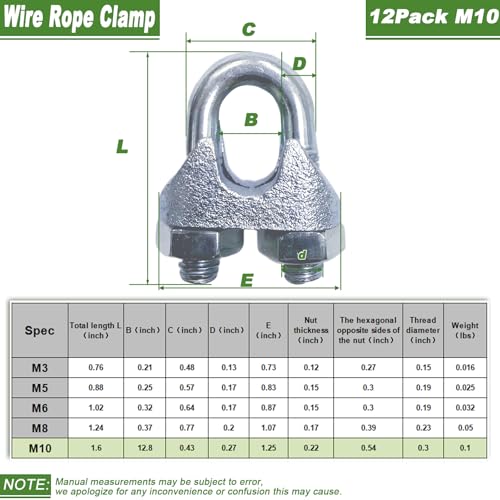12PCS 3/8" M10 Zinc-Plated Wire Rope Clamps – Heavy Duty U-Bolt Cable Clips (Silver) - size: M10-12PCS