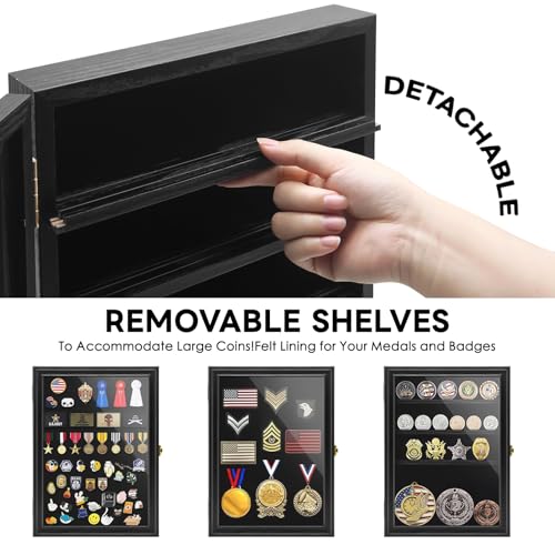 Military Challenge Coin Display Shadow Box Holds Up to 70 Coins, Lockable Wall-Mounted Cabinet for Medals, Pins, Patches & Ribbons, Removable Shelves, Pinnable Velvet Backing, UV Acrylic Door(Black) - size: L-5 Rows