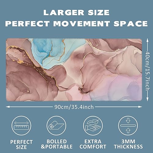 Abstract Fluid Art Extended Gaming Mouse Pad Transparent Waves and Golden Swirls Large Mouse Pad with Stitched Edges Anti-Slip Rubber Base Mouse Mat Desk Pad for Gaming and Office 35.4" x 15.7" - color: Transparent Waves and Golden Swirls