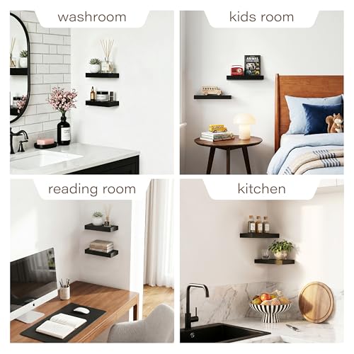 Floating Shelves Set of 2,11.8'' Wood Wall Shelves with Invisible Bracket for Living Room,Bedroom,Kitchen,Bathroom,Black - color: Black, size: 11.8''