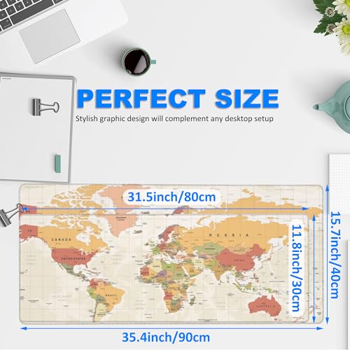 Desk Mat, Yellow Vintage World Map Extended Gaming Mouse Pad Large, 35.4"x15.7" Big Mouse Pad with Non-Slip Base and Stitched Edge, Long Computer Keyboard Mouse Mat for Home Office Work - color: Retro World Map, size: 35.4"x15.7"