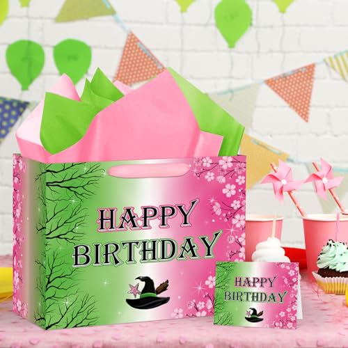 Hooqict Large Pink and Green Gift Bag Witch Birthday Gift Wrap Bag with Handles, Tissue Paper, Greeting Cards for Girls Friendship Princess Witch Party Favors Movie Theme Birthday Party Supplies - color: Pink and Green