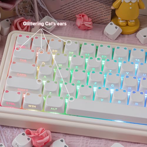 White Keycaps - Shine Through PBT Keycaps,113 Keys Side Print Cute Cat Keycaps, Mao Profile Custom Keycap for 60 65 75 100 Percent Cherry MX Mechanical Keyboard - color: White Cat