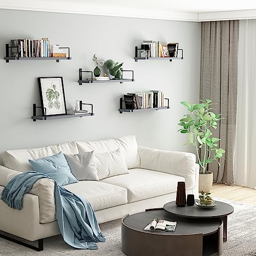 Floating Shelves, 24 Inches Easy to Install Wall Mounted Shelves, Set of 3, Rustic Wood Shelves for Wall Decor, Storage Shelves for Living Room (Grey) - color: Grey