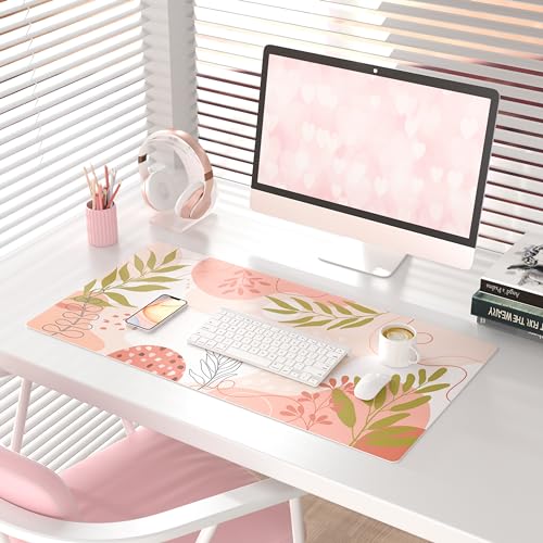 QiyI Large Mouse Pad, Cute Desk Mat for Desktop, Women Girls Minimalist Pink Office Desk Accessories, PU Leather Waterproof Gaming Mousepad, Tropical Leaves Desk Pad Computer Mat, 31.5" x 15.7" - color: Exotic Plants, size: 31.5" x 15.7"