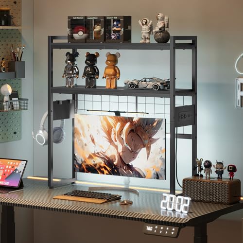 HOOBRO Desktop Bookcase, 2-Tier Office Desktop Organizer, 29.9" Wooden Storage Rack with Outlets, Display Shelf Rack with Light Strip, Desk Hutch for Office, Black BB11UDSJ01 - color: Black, size: 29.9"D