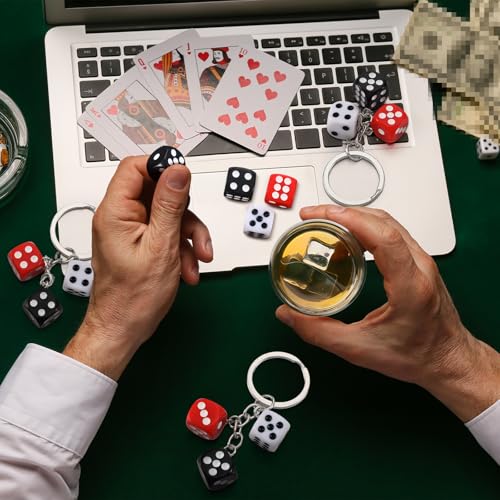 Sureio 36 Pcs Casino Night Dice Keychains Party Decoration Black White Red Souvenirs Poker Party Game Casino Night for Birthday Supplies