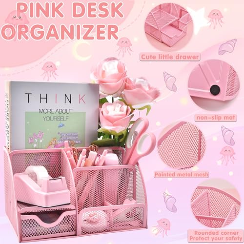 Pink Desk Accessories, 24Pcs Pink Office Supplies and Desk Organizers, with Tape Dispenser, Stapler, Staple Remover, Ect, Gift Box Packaging - color: Pink
