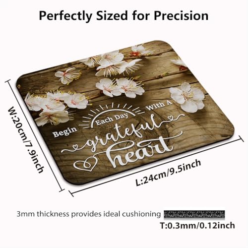 Plum Blossoms Mouse Pad, Begin Each Day with A Grateful Heart Desk Mat | Inspirational Quote White Flowers Rustic Wood Grain Floral, Anti-Slip Rubber Base, Silky Smooth Surface, Cute Mousepad - color: Color_CNaf