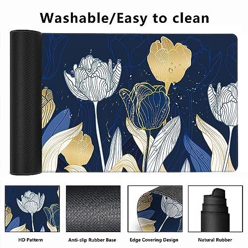 MIOAOSRT Desk Mat,Luxury Gold Tulip Flower Large Gaming Mouse Pad with Stitched Edges,Non-Slip Computer Mouse Pad for Desk,Extended XXL Keyboard and Mouse Pad 35.4x15.75 in - color: Luxury Gold Tulip Flower