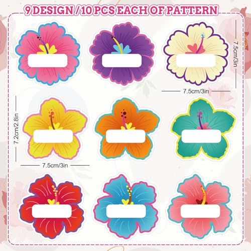 Whaline 90Pcs Hibiscus Flower Name Tag Stickers Colorful Floral Blank Nameplate Decals 9 Styles Self-Adhesive Name Labels for Summer Hawaiian Classroom Students Desk Office Decor - style: Hibiscus