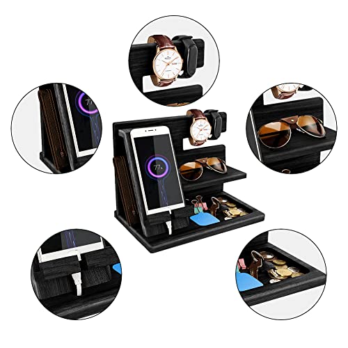 Gifts for Men Bedside Organiser Wood Phone Docking Station Dad Birthday Gifts for Him Nightstand Key Wallet Watch Stand Mens Gifts for Xmas Presents for Dad Husband Boyfriend Anniversary & Christmas - color: Deep Black-1