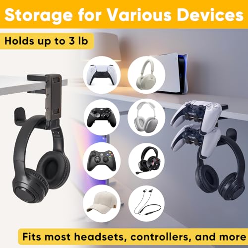 3 in 1 Under Desk Headphone Hanger with Adjustable Clamp Mount, 2 Controller Slots & 1 Headset Universal Holder Stand, Rotatable Hook Rack & Cable Organizer, for Home Gaming Xbox ps5 - Black - size: Black - 1 Headphone & 2 Controllers