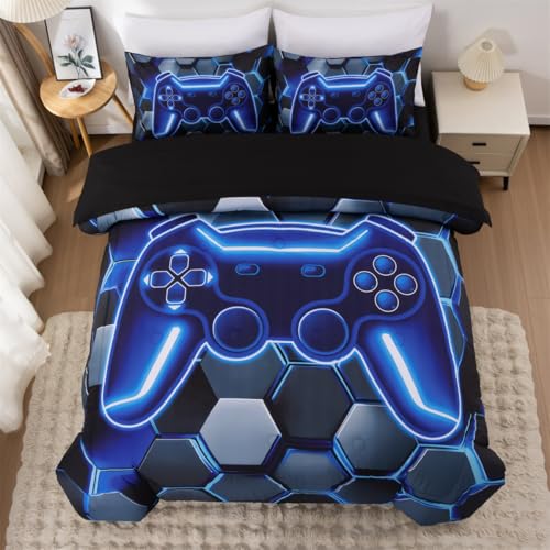 NTBED 3D Gaming Comforter Set for Boys Kids Teens,5pcs Gamer Bedding Sets with Sheet,Game Console Bed in a Bag (Blue, Twin) - color: Navy, size: Twin