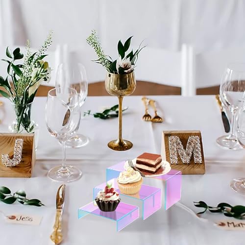 12 PCs Small Iridscent Risers Display Stands 3 Tiers Desktop Acrylic Shelves Small Cake Dessert Holder Products Stand for Collectibles Shoes Jewels Pop Figure (Iridescent2) - color: Iridescent 12 PCs