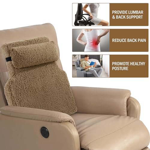 HOMBYS Sherpa Fleece Lumbar Support Pillow with Headrest for Recliner,Memory Foam Recliner Chair Cushion for Back Pain,Big High Back Support for Recliner with Chair Headrest for Elderly (Khaki) - color: Khaki