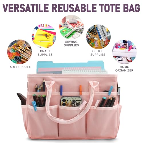 Cupohus Art Organizer Craft Storage Tote Bag with Pockets and Handles, Oxford Fabric Carrying Caddy for Teacher, Officer, Artist, Traveler, and more –Pink - color: Pink