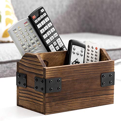 MyGift Wood TV Remote Control Holder, Remote Organizer Storage Caddy for Table with 2 Compartments and Decorative Black Metal Wrap Accents, Rustic Burnt - color: Burnt Wood