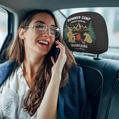 2PCS Black Headrest Covers for Cars Universal Soft Car Protector Seat Rest Cover Camping Lover - color: Camping Lover Black
