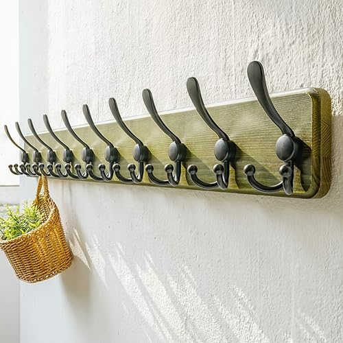 Dseap Coat Rack Wall - Heavy-Duty 38-1/4" Long, with Reinforced 10 Custom Tri-Hooks, Solid Wood Wall Hanger for Coats Hat Jackets - Rustic Farmhouse Entryway Hallway Storage, Weathered Green & Black - color: Weathered Green & Black, size: L=38.3"