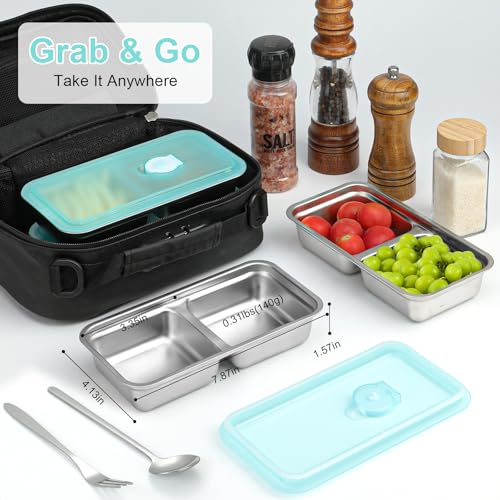 KITHELP 4 Pcs Grab and Go Snack Containers Reusable with Lids, Double Compartment Snack Containers with 2 Forks 2 Spoons, Stainless Steel Snack Container for Camping, Lunch, Dessert - color: Blue