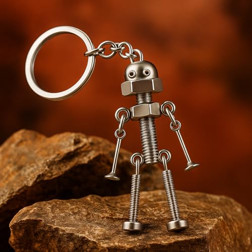 Robot Keychain – Miniature Screw Robot Figurine Key Ring for Men & Women, Unique Industrial Style Key Holder, Cool Bag Charm Accessory