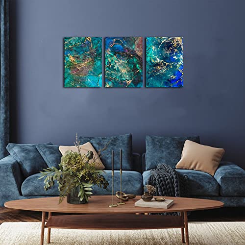 Blue Abstract Marble Wall Art Turquoise Green and Gold Abstract Pictures for Living Room Wall Decor Foil Texture Painting Canvas Prints Modern Artwork Bathroom Bedroom Home Decorations 12x16" 3 Pieces - color: Teal Marble, size: 12"l X 16"w