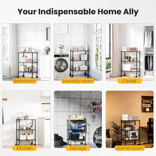 DUMOS 3-Tier Metal Wire Storage Shelves, Adjustable Standing Storage Rack Shelf with Wheels, Heavy Duty Steel Shelving Unit Organizers for Kitchen Bathroom Pantry Garage, 23.1" Wx13.4 Dx30.2 H, Black - size: 3 Tiers with wheels-30.31"H