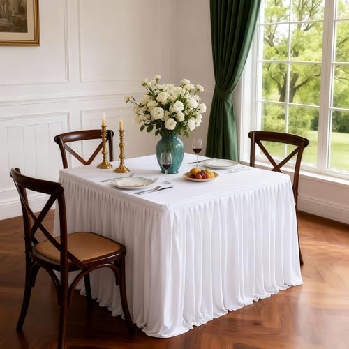 Wish Care 2 Pack White Square Table Clothes for 34 x 34 inch Tables, Polyester Fitted Tablecloths Stretch Table Cover for Wedding, Birthday, Parties, Trade Show, Craft Show - color: White, size: 34" x 34" (2.8 Ft - 2 Pcs)