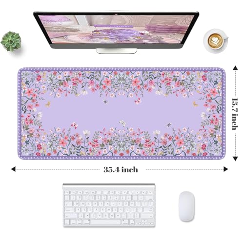 HAOCOO Purple Desk Mat for Keyboard and Mouse, Floral Keyboard Mat with Edge Stitching, Non-Slip Large Mouse Pad for Desk for Gaming,Women Office - color: Purple