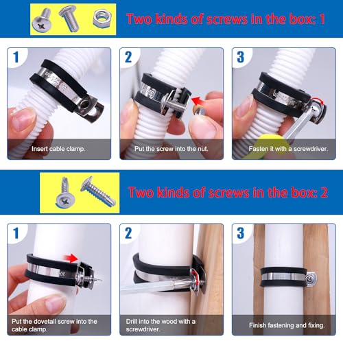 Twidec/270PCS Cable Clamps Assortment Kit 304 Stainless Steel Rubber Coated Cushion Clamps 10 Sizes 1/4" 5/16" 3/8" 1/2" 5/8" 3/4" 1" 1-1/4" 1-1/2" 1-3/4" With Screw For Automotive Wire Pipe Clamps - size: Multi-Size - 270 PCS