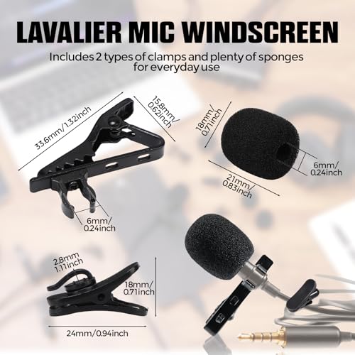 Konohan 24 Set Lavalier Microphone Replacement Kit, Metal Tie Clips, Windscreen Foam Covers & Plastic Cable Clips for Lapel Mics, Ideal for Recording, Live Streaming & Video, Black