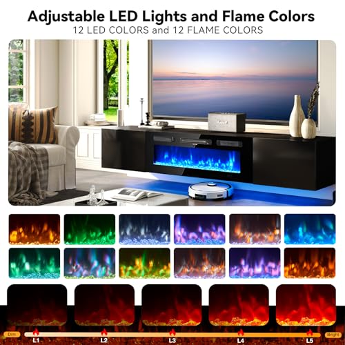 70'' Floating TV Stand with 36" Electric Fireplace, Wall Mounted Entertainment Center with Storage for TVs up to 80", Adjustable 12-Color LED Media TV Console for Living Room,All Black - color: All Black, size: 70 IN