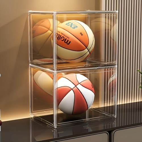 GUDEMAY Large Clear Stackable Acrylic Storage Bins with Door, Dustproof Figure Collectibles Display Case, Football & Motorcycle Helmet Showcase, Basketball, Sports Memorabilia Organizer (XL, Count, 3) - size: XL