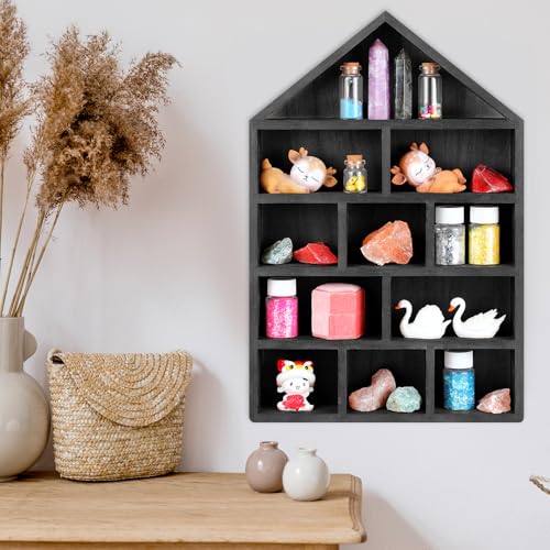 Threehoney House Shaped Wooden Shadow Cubby Box Hanging Display Shelf Organizer Wall Mounted Curio Cabinet Wooden Display Case Miniature Shelf for Figures(Black,10 x 15 x 2.24 Inch) - color: Black