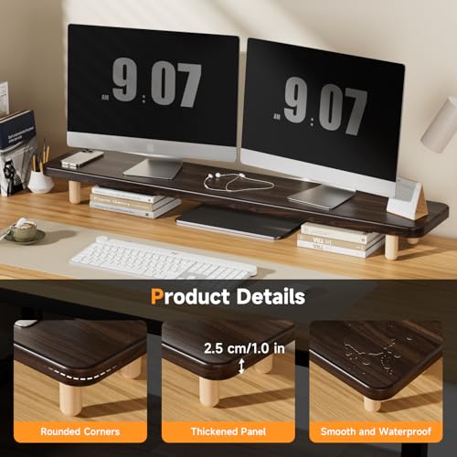 Dual Monitor Stand Riser, 39 Inch Extra Long Wooden Desktop Monitor Riser with Storage for 2 Monitors Ultra Strong Desk Shelf Organizer Riser Ergonomic for 2 Screens/Laptop/PC/TV/Printer (Dark Walnut, 39inches) - color: Dark Walnut