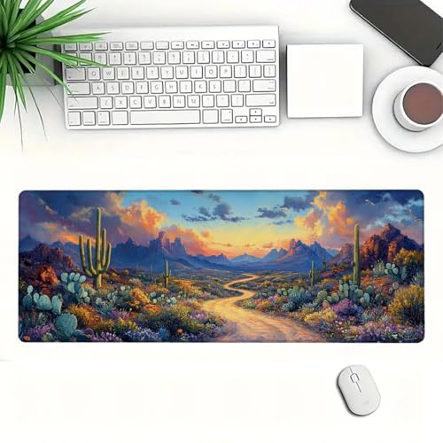 Cactus Desert Mouse Pad Large Sunset Mountain Wildflower Road Illustration Mousepad XL Large Gaming Mouse Pad Laptop Keyboard Mat Desk Pad 31.5x11.8 Inch - color: Cactus Desert