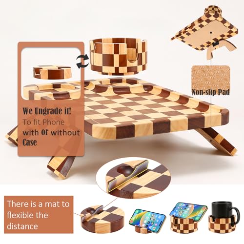 Nnewvante Couch Armrest Tray,3 in 1 Large 15.36"x9.85" Rubberwood Sofa Arm Cup Holder Clip on Side Table with 360°Rotated Phone/Drink Holder - color: Checkered