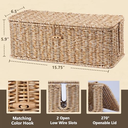 BROWNLILY Cable Management Box, Rattan Style Cord Organizer for Desk Cord Hider Outlet Covers for Power Strip TV PC Router Charger Under Desk Storage with Lockable Lid and Cable Ties - color: Natural, size: L