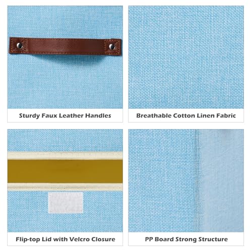 Storage Boxes with Lid Cotton Linen Fabric Storage Bins Organizer Container Decorative Collapsible Washable Shelf Baskets Faux Leather Handles for Home Bedroom Closet (Light Blue, Small) - color: Light Blue, size: Small (Set of 1)