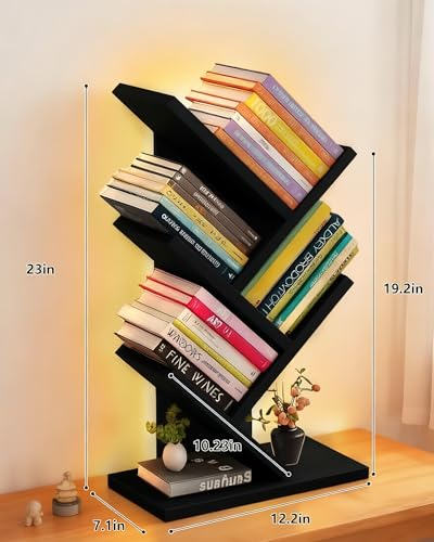 Godferyxin Bookshelf with Liting,Small Bookshelf LED and Desktop Book Shelf Light for Office, Home or School Mini Bookcase for Wood Displaying Books, CDs, Magazines Wood Shelf Rack - color: 5tier-bookshelf Liting Black