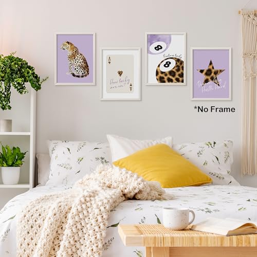 TLESKE Purple Preppy Cheetah Leopard Posters Prints Unframed 12x16 Set of 4, Dark Purple Trendy Lucky 8 Balls Wall Art Prints Decor for Teen Girls Dorm Bedroom, Retro Cheetah Print Wall Pictures - color: purple cheetah, size: 16L" x 12W"