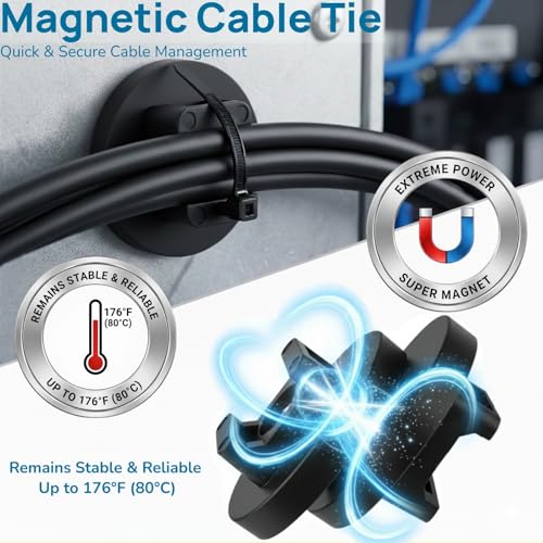 225-Pc Magnetic Cable Ties Set,Magnetic Zip Tie Mounts & Cable Ties | Magnetic Wire Holder, 25 Magnetic Cable Holders & 200 Zip Ties, Magnet Cable Tie Mounts for Cables, Wires, Cords, Hoses-43 mm - size: 43mm