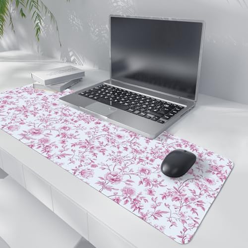 Pink Chinoiserie Mouse Pad,Vintage Pink and White Floral Desk Mat,XL Large Vintage Flowers Preppy Mouse Pad,Girly Laptop Desk Mat for Dorm Home Office,31.5x11.8 Inch - color: XL Pink Floral