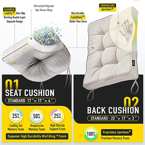 SUNROX Memory Foam Non Slip Rocking Chair Cushion, FadeShield Water Resistant Thicken Durable Tufted Pads, Set of Seat & Back Cushion with Ties for Indoor/Outdoor Rocker, 2 Piece, Cream - color: Cream