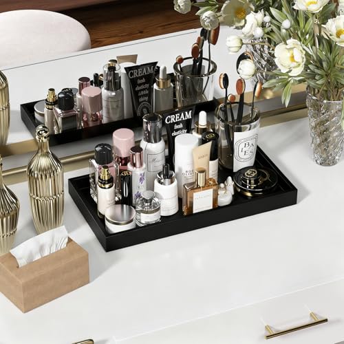 ZHWS Black Bathroom Vanity Tray for Countertop Perfume Makeup Jewelry Candle Decor, Kitchen Tray for Soap Dispenser Spice Salt, Large Black Tray for Toilet Tank Paper, Serving Nightstand 13”x6.5” - color: Black, size: 13" x 6.5" x 1.1"