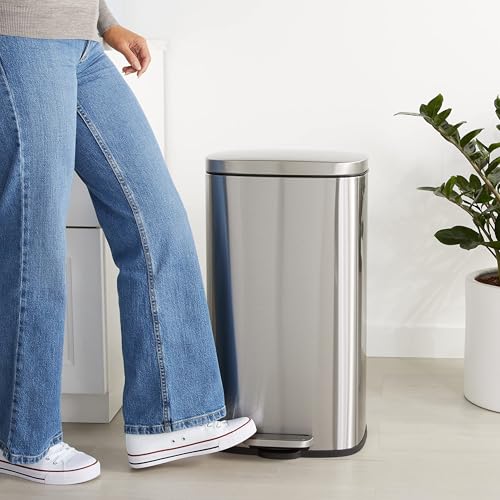 Amazon Basics MEDIUM Trash Can, 7.9 Gallon (30L), Smudge Resistant Rectangular Bin with Soft-Close Lid, Step Foot Pedal, Removable Inner Bucket, Brushed Stainless Steel, Satin Nickel Finish - size: Middle, 30L/7.9 Gal