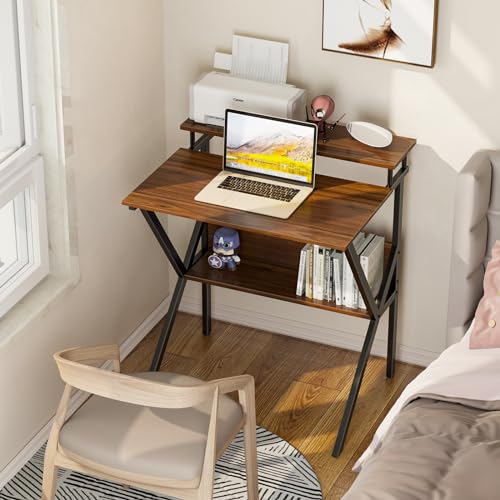 ODK Small Desk, 27.5 Inch Computer Desk for Small Spaces, Study Desk with Storage & Monitor Stand, Deep Brown - color: Deep Brown