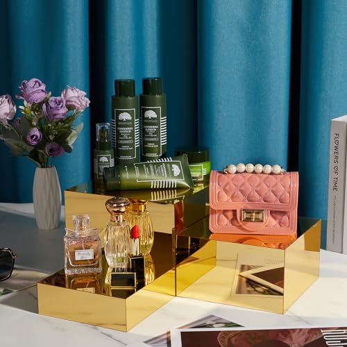 3 Pcs Gold Acrylic Risers Display Stands, Mirrored Nesting Cube Boxes Pedestal for Figures Collectibles, Jewelry Purse Wallet Showcase Blocks, Buffet Risers Food Display Catering Dessert Cake - size: Gold 3pcs (6",7",8")